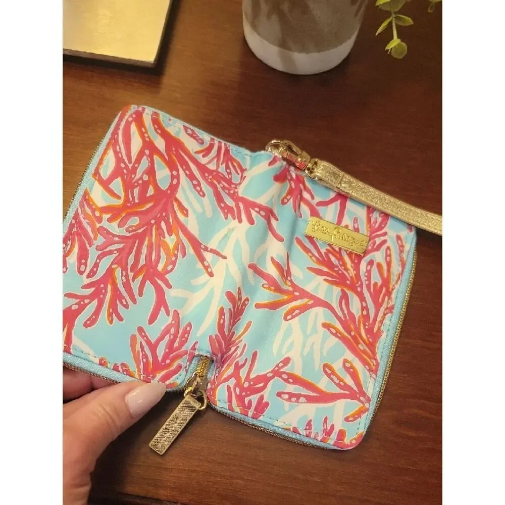 Lilly Pulitzer Coral Print Wristlet in Light Blue, Pink, Gold